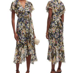 Tanya Taylor Blaire Printed Linen-Silk Midi Faux-Wrap Dress Maritime Blue Multi